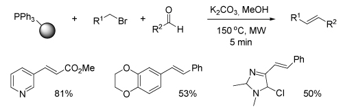 Σύνθεση αλκενίων  με αντίδραση Wittig μεταξύ ενός στηριζόμενου αντιδραστηρίου τριφαινυλοφωσφίνης, αλδεϋδών και αλκυλαλογονιδίων.