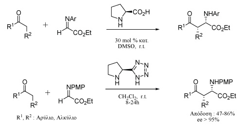 Αντίδράσεις τύπου Mannich με καταλύτες προλίνη και παράγωγα προλίνης.